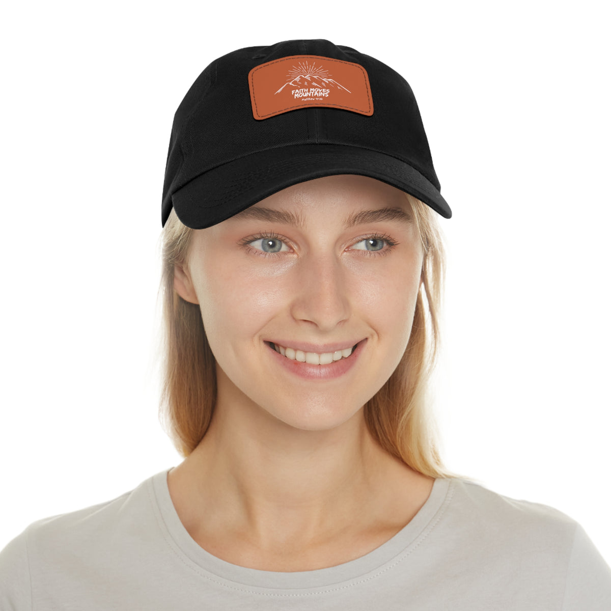 Faith Moves Mountains- Dad Hat with Leather Patch (Rectangle)