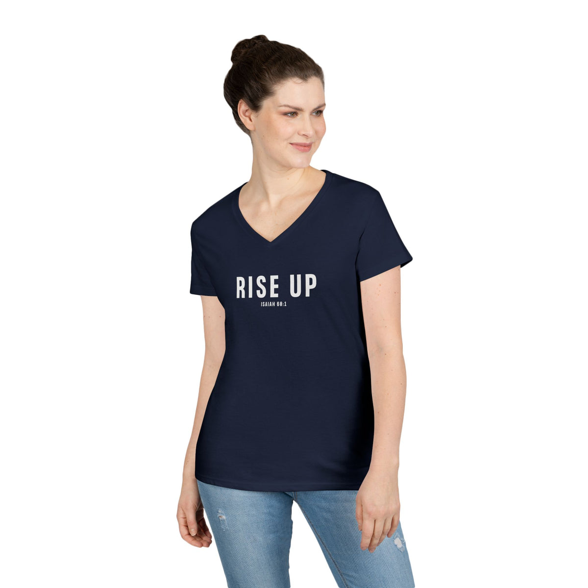 Rise Up Christian Women’s V-Neck T-Shirt – Isaiah 60:1 Faith Apparel