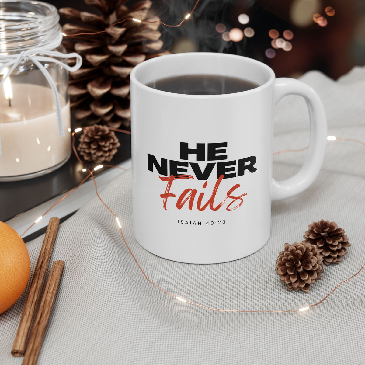 "He Never Fails" Ceramic Mug, (11oz, 15oz)