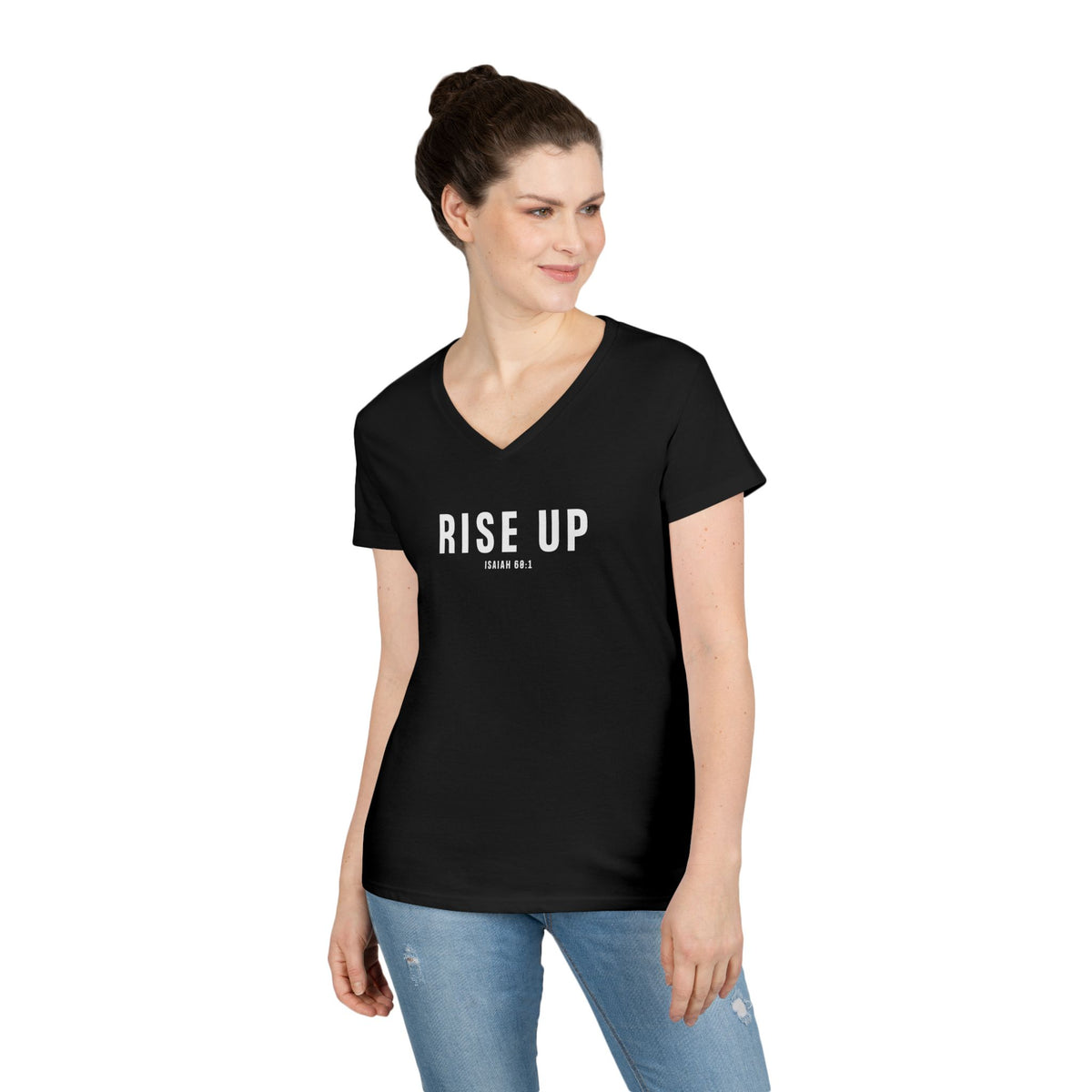 Rise Up Christian Women’s V-Neck T-Shirt – Isaiah 60:1 Faith Apparel
