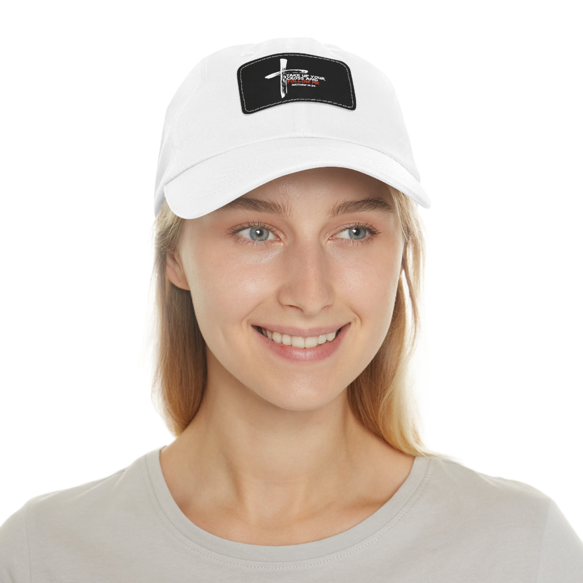 Take Up Your Cross and Follow Me- Dad Hat with Leather Patch (Rectangle)