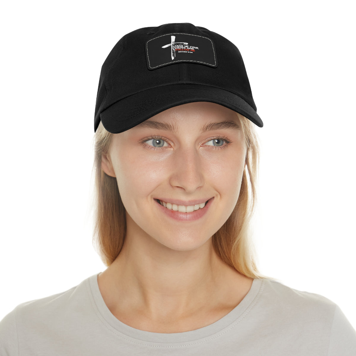 Take Up Your Cross and Follow Me- Dad Hat with Leather Patch (Rectangle)