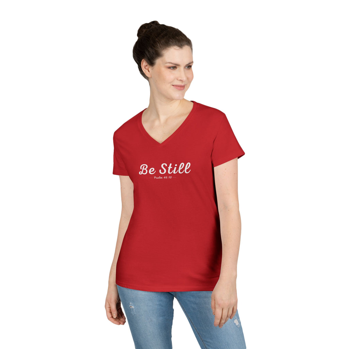 Be Still Christian Women’s V-Neck T-Shirt – Psalm 46:10 Faith Apparel