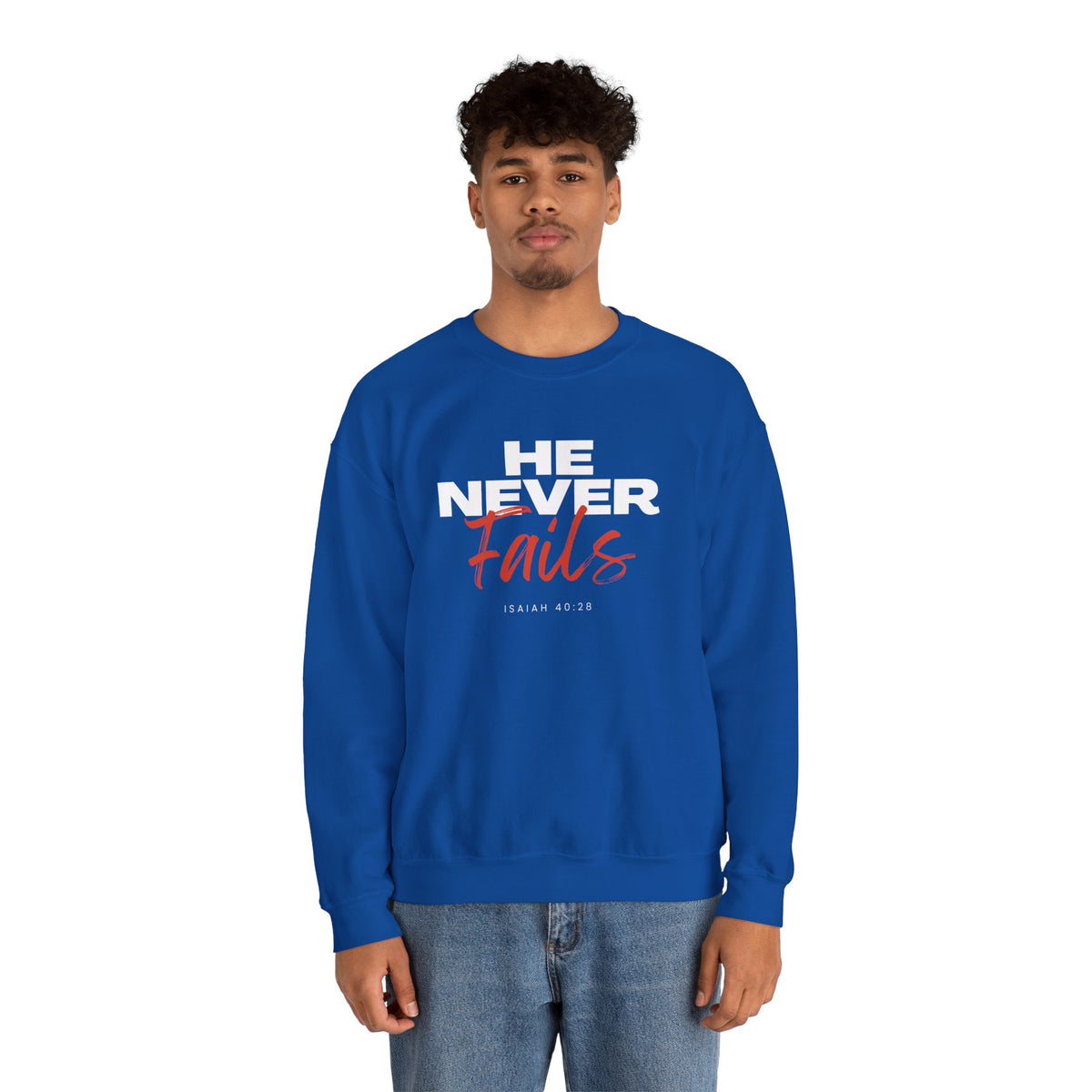 He Never Fails- Unisex Heavy Blend™ Crewneck Sweatshirt