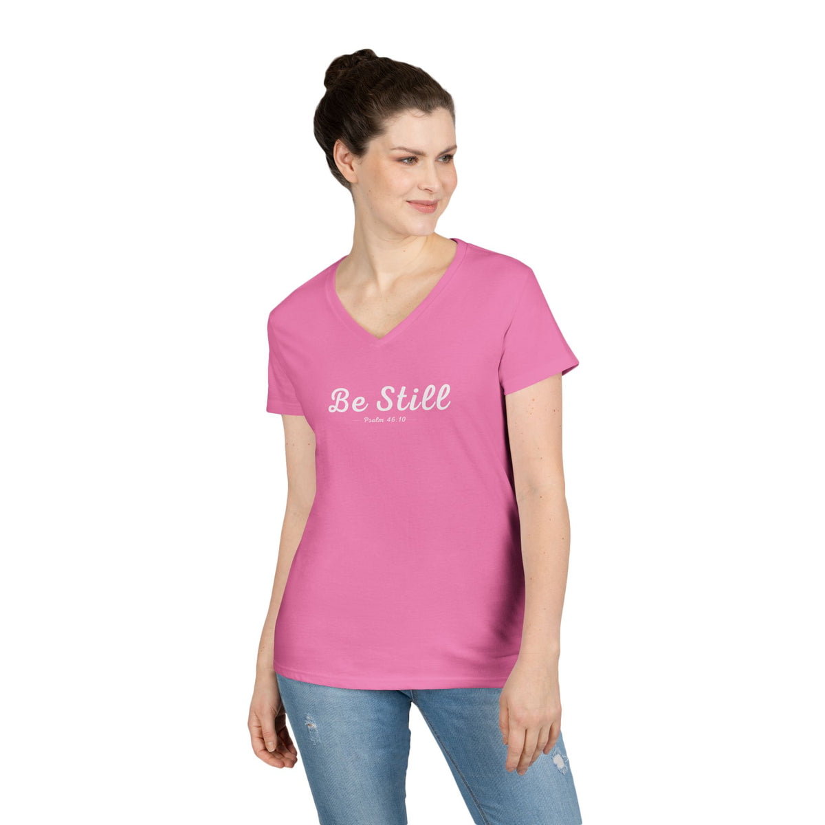 Be Still Christian Women’s V-Neck T-Shirt – Psalm 46:10 Faith Apparel