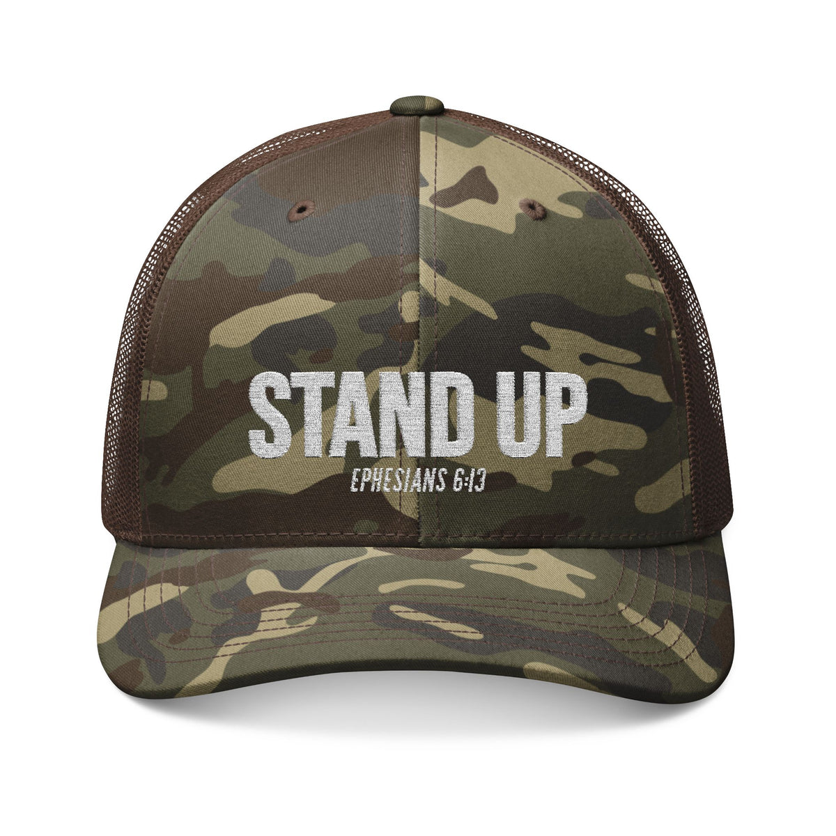 Stand Up Christian Camouflage Trucker Hat – Ephesians 6:13 Armor of God Bible Verse Snapback Cap