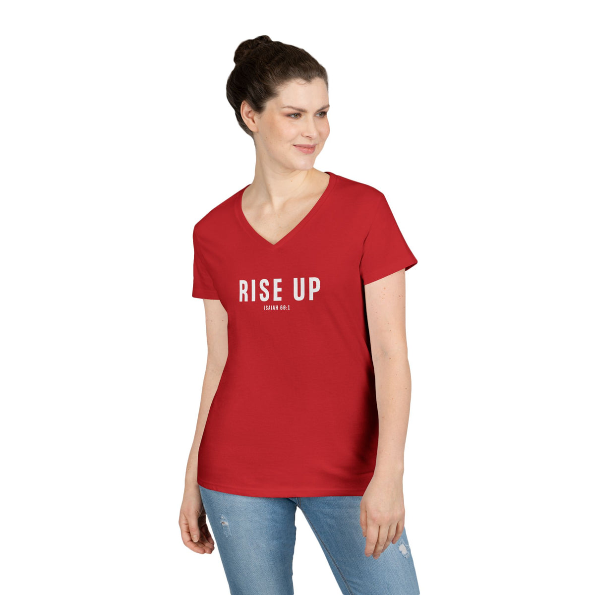 Rise Up Christian Women’s V-Neck T-Shirt – Isaiah 60:1 Faith Apparel