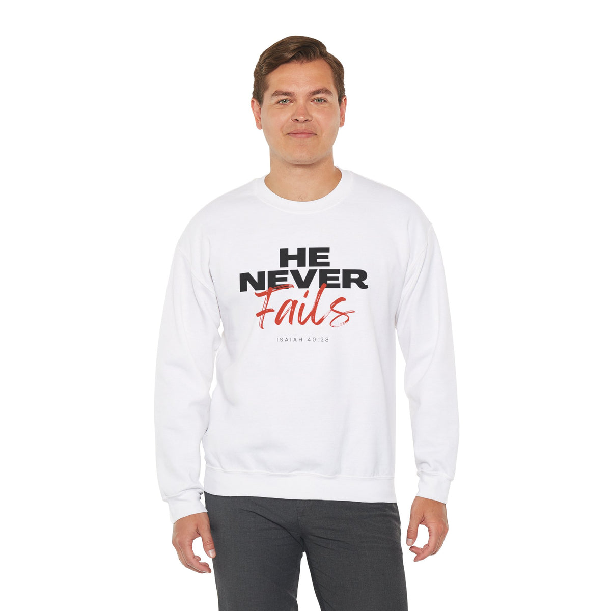 He Never Fails- Unisex Heavy Blend™ Crewneck Sweatshirt