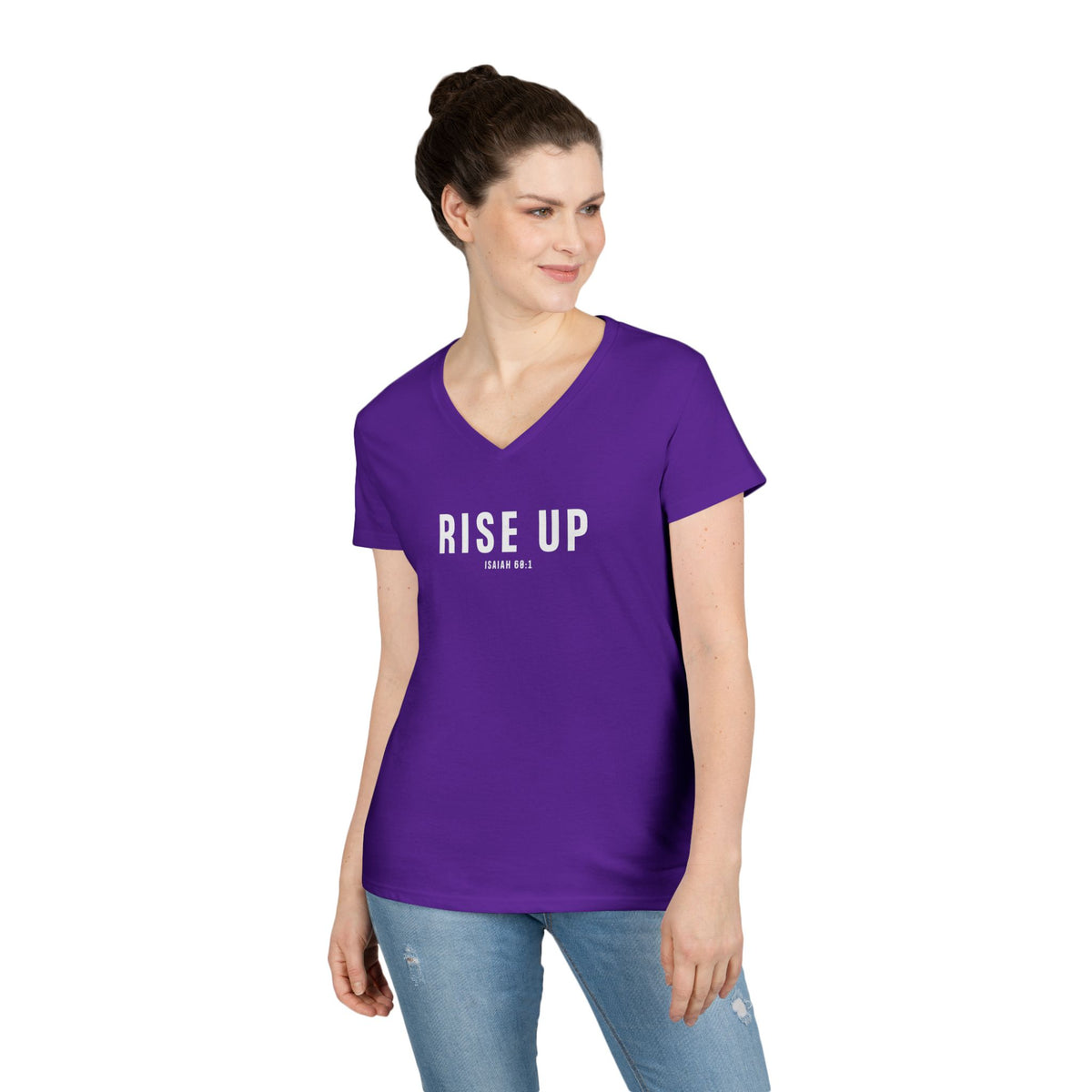 Rise Up Christian Women’s V-Neck T-Shirt – Isaiah 60:1 Faith Apparel