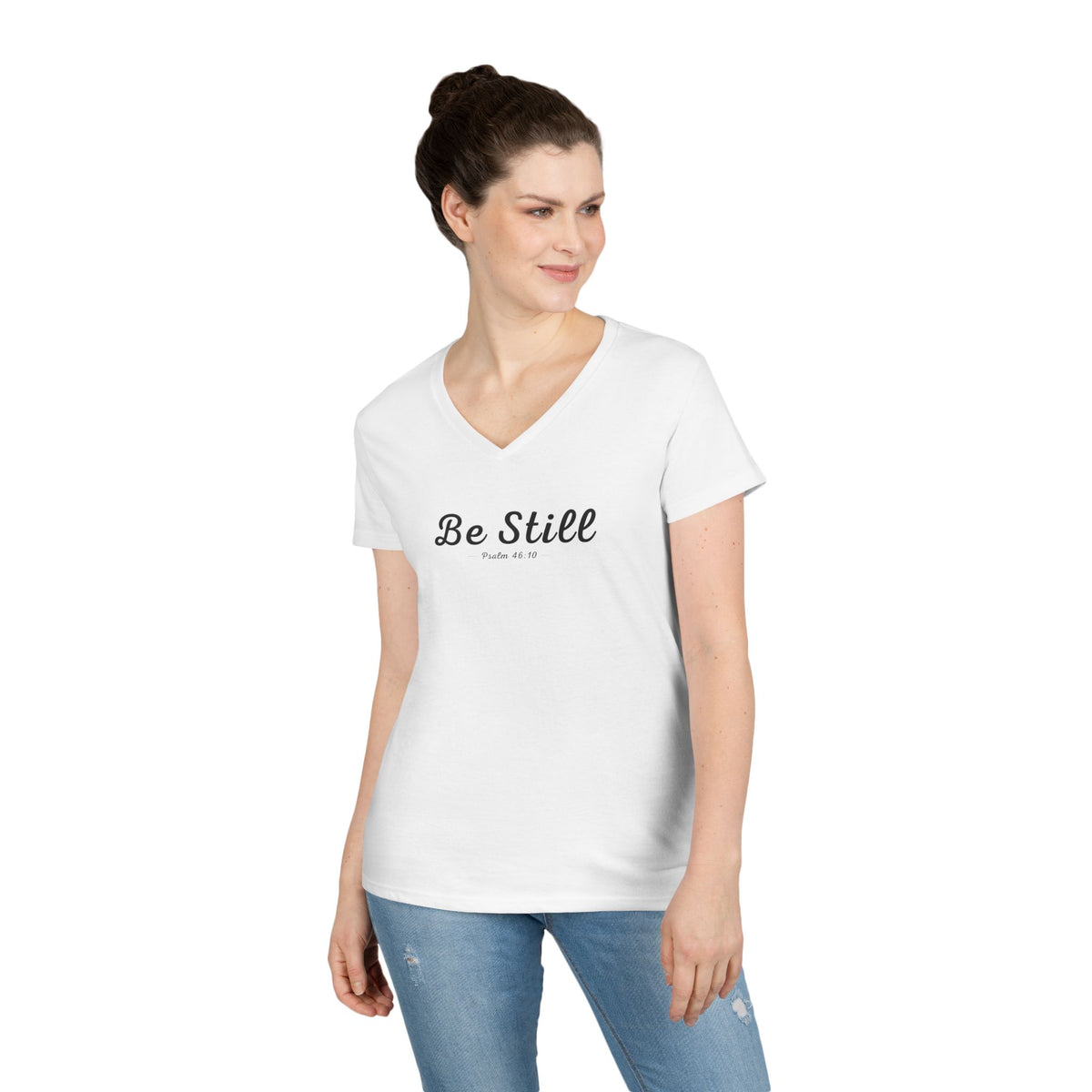 Be Still Christian Women’s V-Neck T-Shirt – Psalm 46:10 Faith Apparel