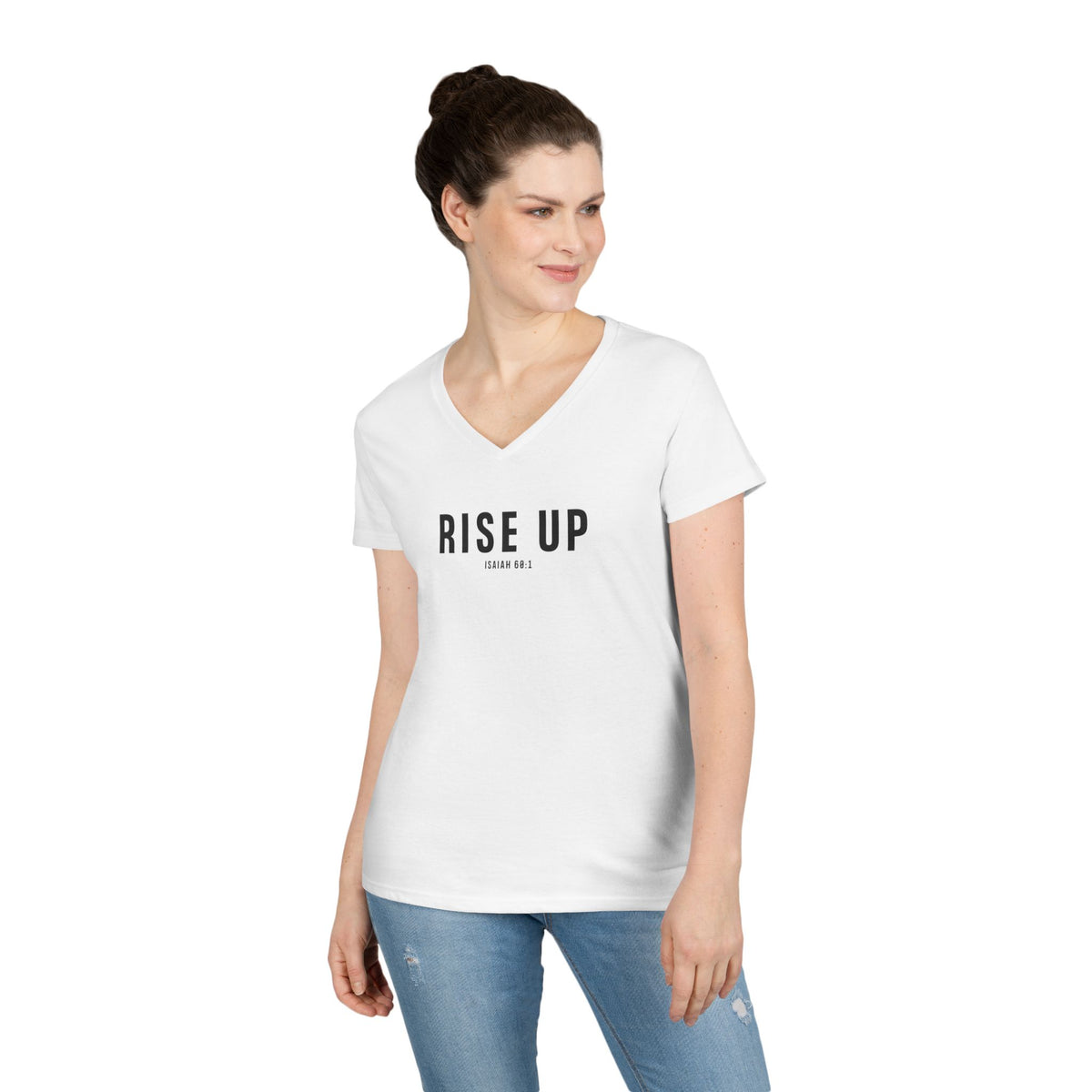 Rise Up Christian Women’s V-Neck T-Shirt – Isaiah 60:1 Faith Apparel