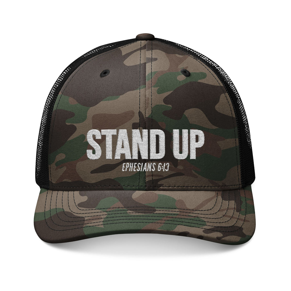 Stand Up Christian Camouflage Trucker Hat – Ephesians 6:13 Armor of God Bible Verse Snapback Cap