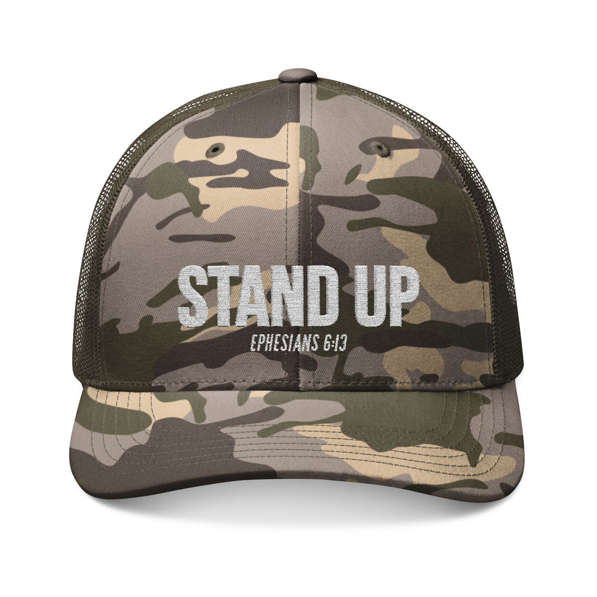 Stand Up Christian Camouflage Trucker Hat – Ephesians 6:13 Armor of God Bible Verse Snapback Cap