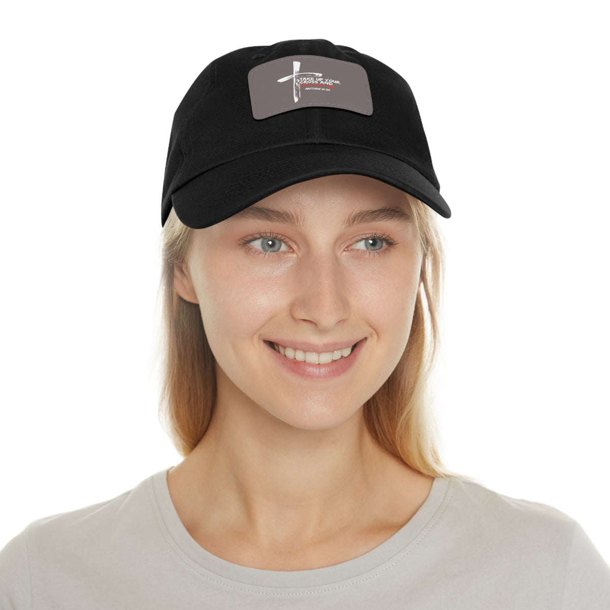 Take Up Your Cross and Follow Me- Dad Hat with Leather Patch (Rectangle)